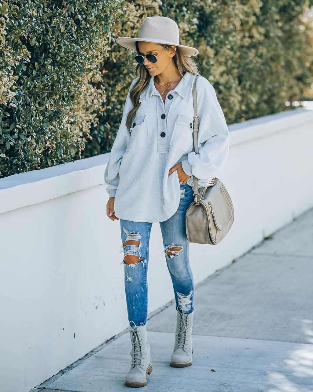 Kiandra Cotton French Terry Henley Top - Heather Grey Oshnow