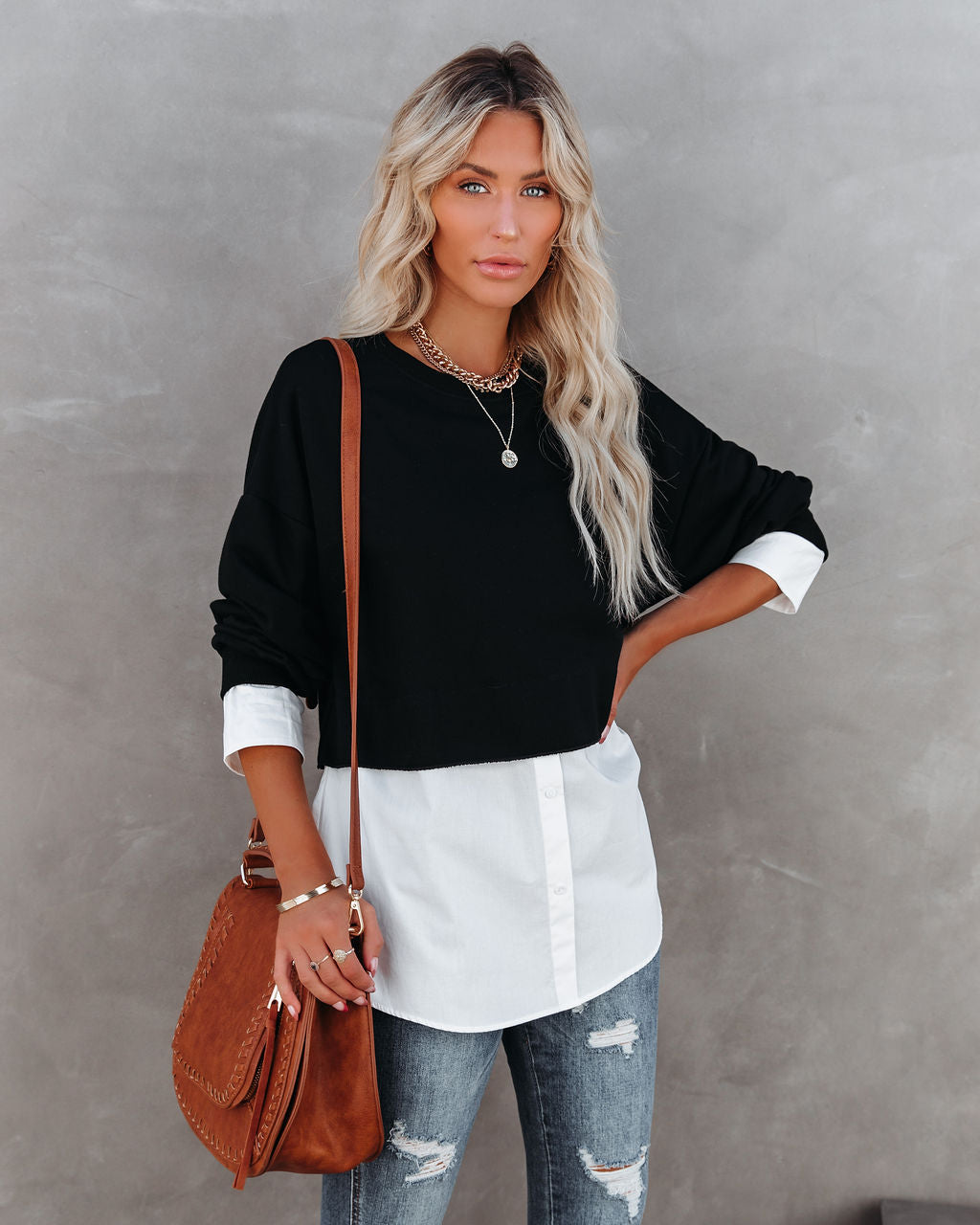 Kiersten Cotton Contrast Poplin Knit Top - Black Oshnow