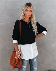 Kiersten Cotton Contrast Poplin Knit Top - Black Oshnow