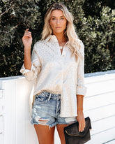 Kingdom Satin Embossed Button Down Blouse - Champagne Oshnow