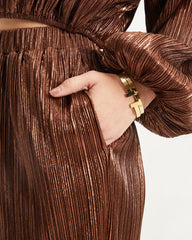 Kiyara Pocketed High Rise Shimmer Plisse Pants - Bronze Oshnow