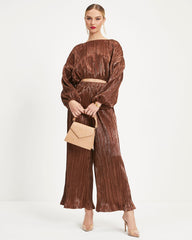 Kiyara Pocketed High Rise Shimmer Plisse Pants - Bronze Oshnow