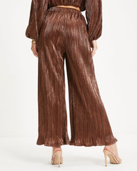 Kiyara Pocketed High Rise Shimmer Plisse Pants - Bronze Oshnow
