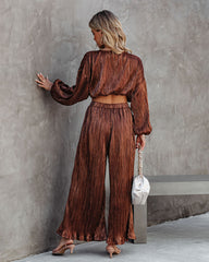 Kiyara Pocketed High Rise Shimmer Plisse Pants Oshnow