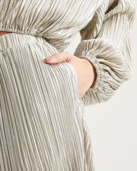 Kiyara Pocketed High Rise Shimmer Plisse Pants - Silver - SALE Oshnow