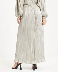 Kiyara Pocketed High Rise Shimmer Plisse Pants - Silver - SALE Oshnow