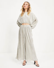 Kiyara Pocketed High Rise Shimmer Plisse Pants - Silver - SALE Oshnow
