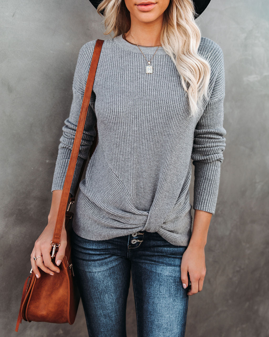 Knot Your Girlfriend Thermal Knit Top - Heather Grey Oshnow