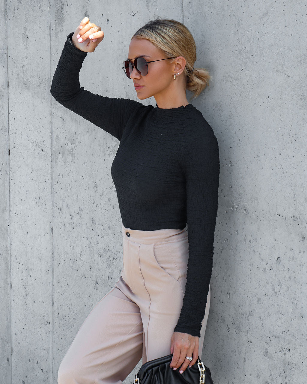Korey Textured Long Sleeve Bodysuit - Black Oshnow