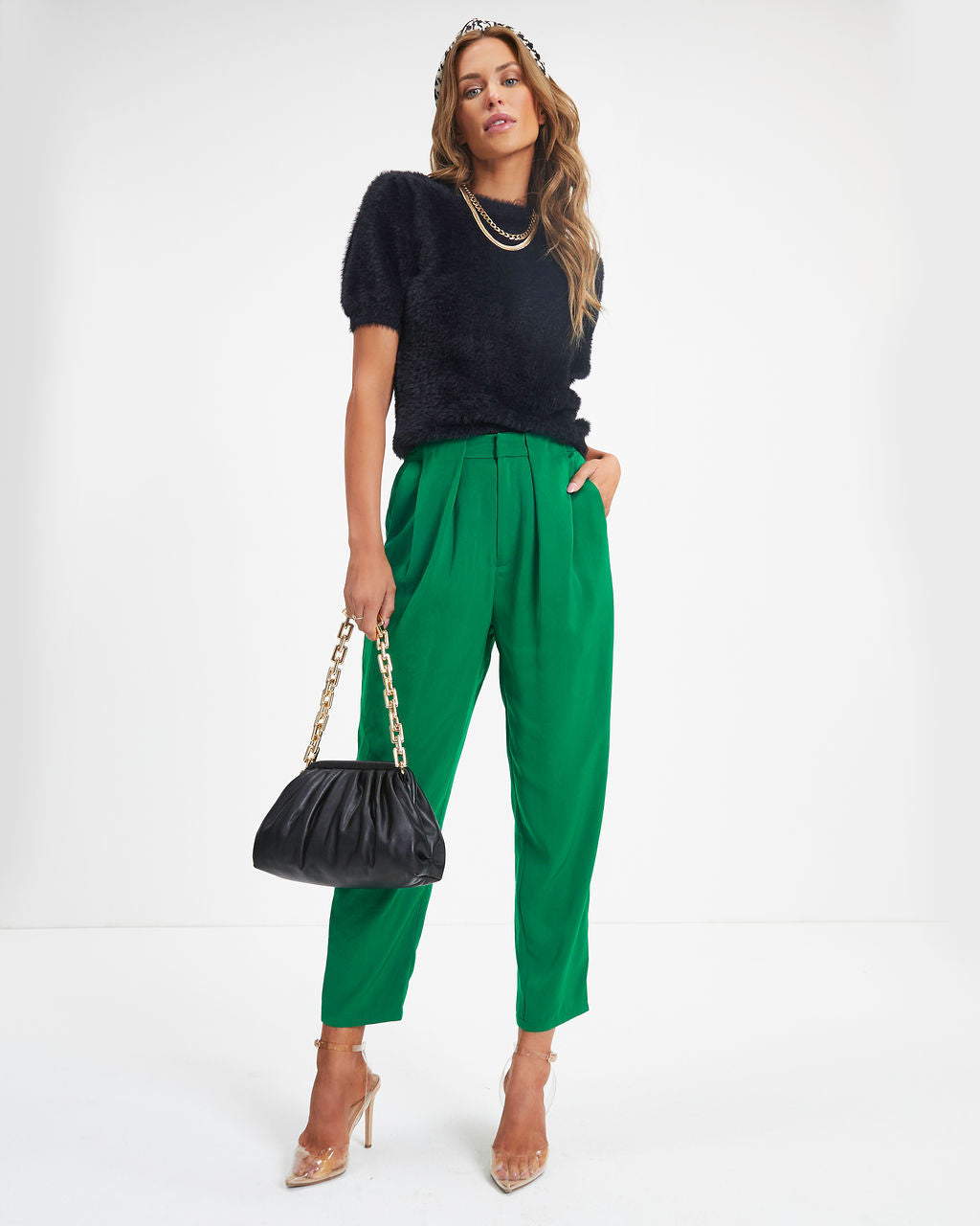 Lacey Pocketed High Rise Trousers - Kelly Green Oshnow
