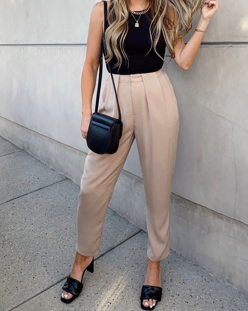 Lacey Pocketed High Rise Trousers - Nude Oshnow