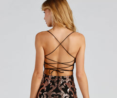 Lady Of The Hour Sequin Scroll Lace-Back Dress Oshnow