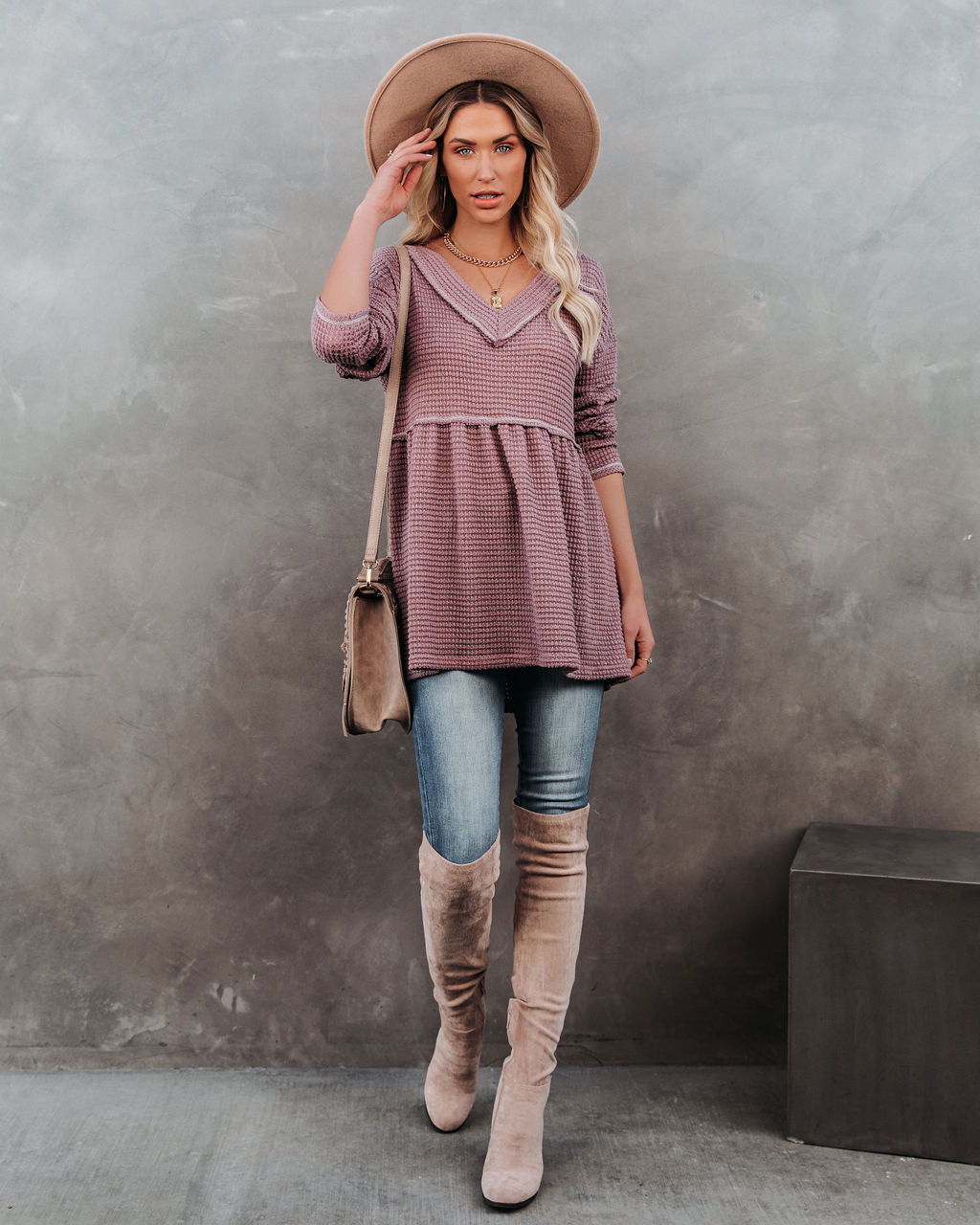 Larsa Thermal V-Neck Peplum Top - Mauve Oshnow