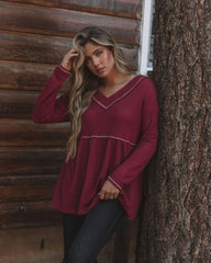 Larsa Thermal V-Neck Peplum Top - Wine Oshnow