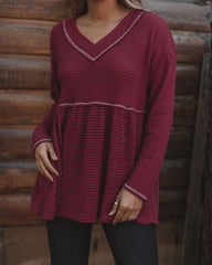 Larsa Thermal V-Neck Peplum Top - Wine Oshnow