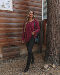 Larsa Thermal V-Neck Peplum Top - Wine Oshnow