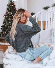 Layth Cotton Mineral Wash Crop Henley Top - Charcoal Oshnow