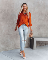 Layton Satin Embossed Button Down Blouse - Rust Oshnow
