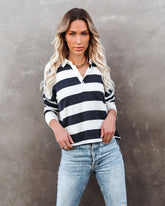 League Collared Striped Knit Rugby Top Oshnow