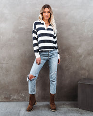League Collared Striped Knit Rugby Top Oshnow