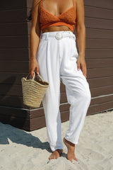 Leila Belted Linen Trouser Pants Oshnow