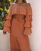 Leila Off The Shoulder Tiered Sleeve Crop Top - Peach Oshnow