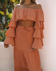 Leila Off The Shoulder Tiered Sleeve Crop Top - Peach Oshnow