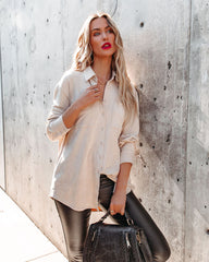 Leone Pocketed Faux Suede Button Down Top - Ivory Oshnow