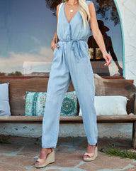 Levi Pocketed Chambray Jumpsuit - Light Wash Oshnow