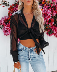 Lex Collared Chiffon Tie Front Crop Top - Black Oshnow