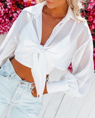 Lex Collared Chiffon Tie Front Crop Top - White Oshnow