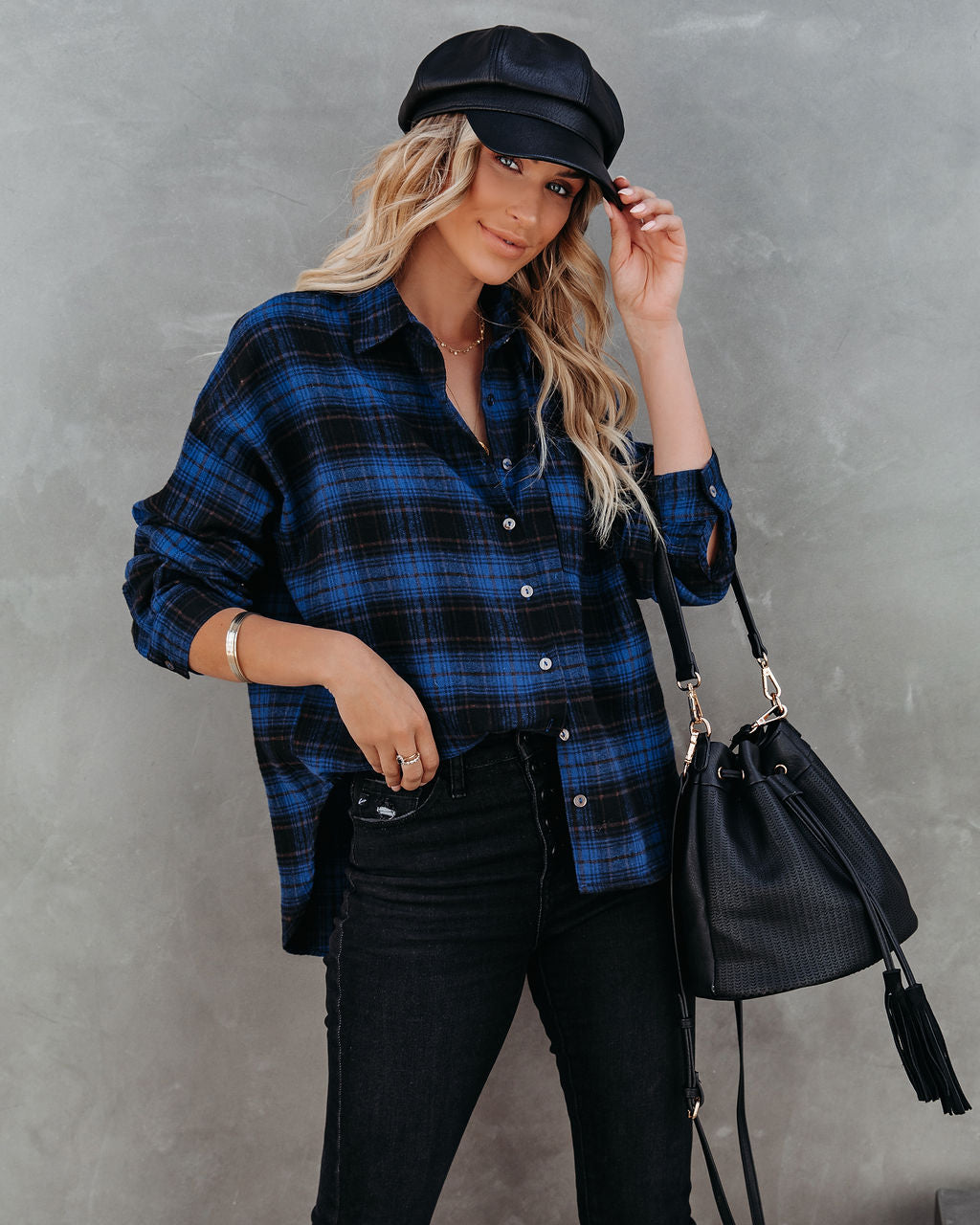 Linden Cotton Blend Plaid Button Down Top Oshnow