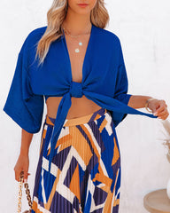 Lisandro Tie Front Kimono Crop Top - Royal Blue Oshnow