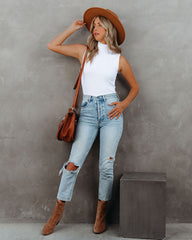 Lissa Sleeveless Mock Neck Ribbed Top - White Oshnow