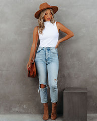 Lissa Sleeveless Mock Neck Ribbed Top - White Oshnow