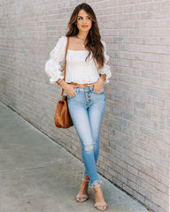 Lolly Cotton Eyelet Smocked Crop Top - Off White Oshnow