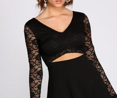 Long Sleeve Lace & Crepe Skater Dress Oshnow