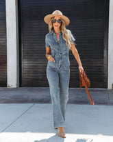 Longmont Pocketed Flared Denim Jumpsuit Oshnow