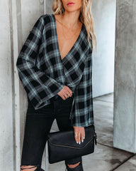 Lonzo Cotton Plaid Bell Sleeve Top - Black Oshnow