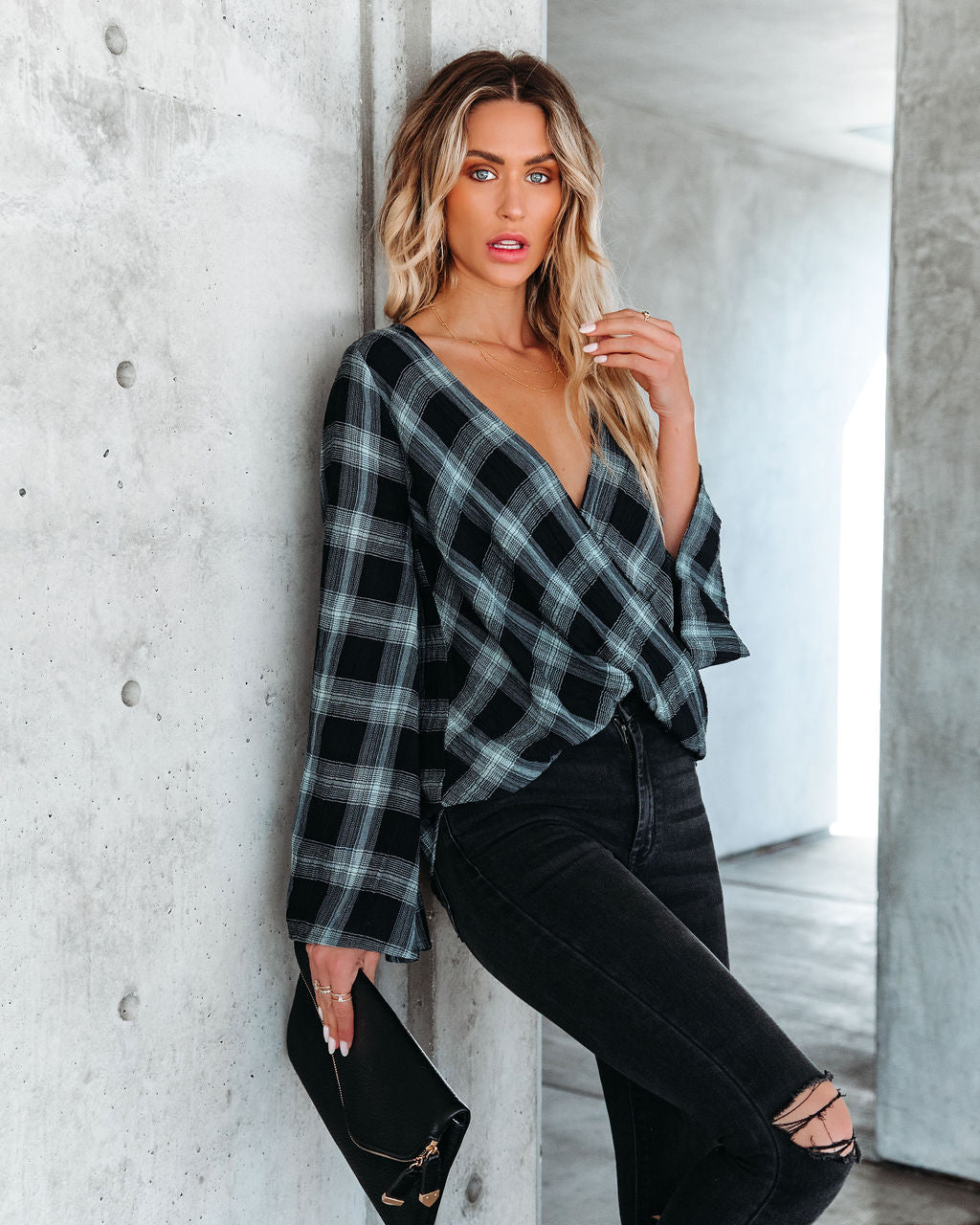 Lonzo Cotton Plaid Bell Sleeve Top - Black Oshnow