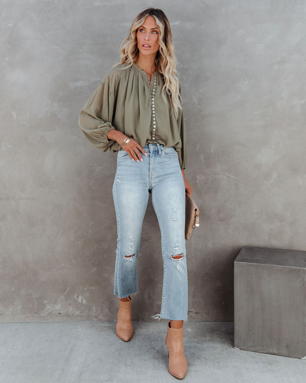 Lookout Button Down Crop Blouse Oshnow