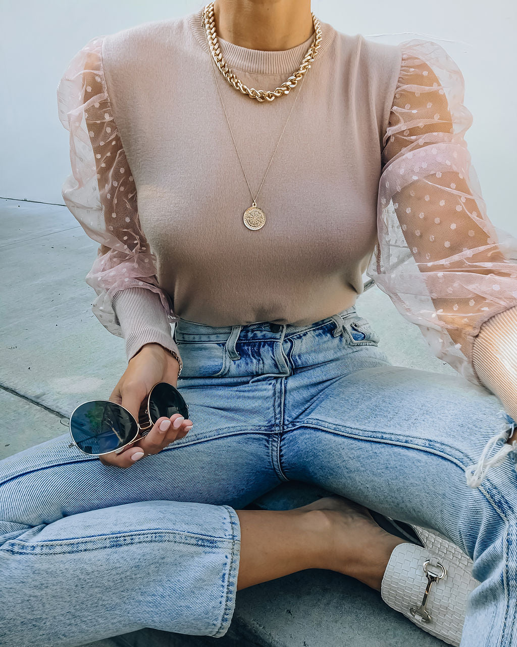 Lots Of Love Contrast Polka Dot Sleeve Knit Top - Mauve Oshnow