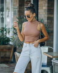 Louie Sleeveless Mock Neck Crop Top - Vintage Mocha Oshnow