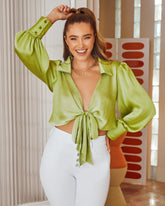 Lowdown Collared Tie Front Crop Blouse Oshnow