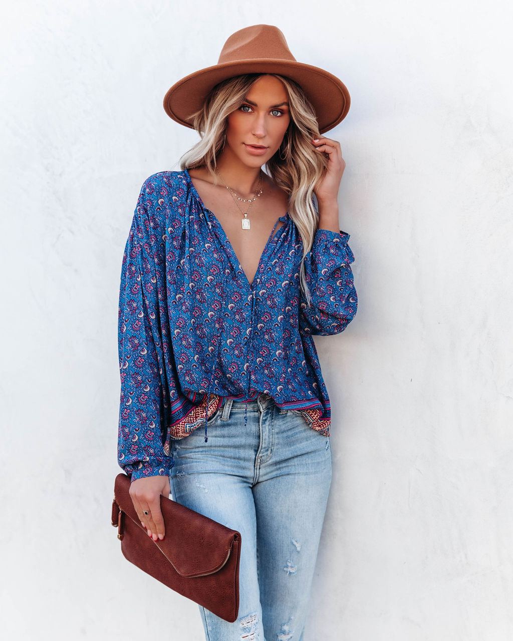 Luana Printed Peasant Top - Blue Oshnow