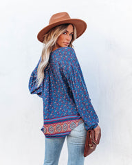 Luana Printed Peasant Top - Blue Oshnow
