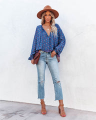 Luana Printed Peasant Top - Blue Oshnow