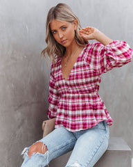 Lylah Cotton Crinkled Plaid Smocked Top Oshnow