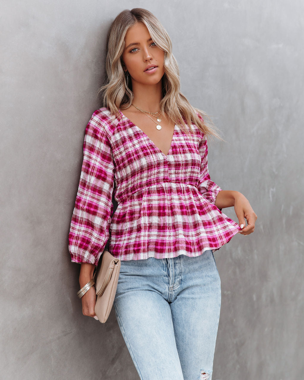 Lylah Cotton Crinkled Plaid Smocked Top Oshnow