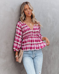 Lylah Cotton Crinkled Plaid Smocked Top Oshnow